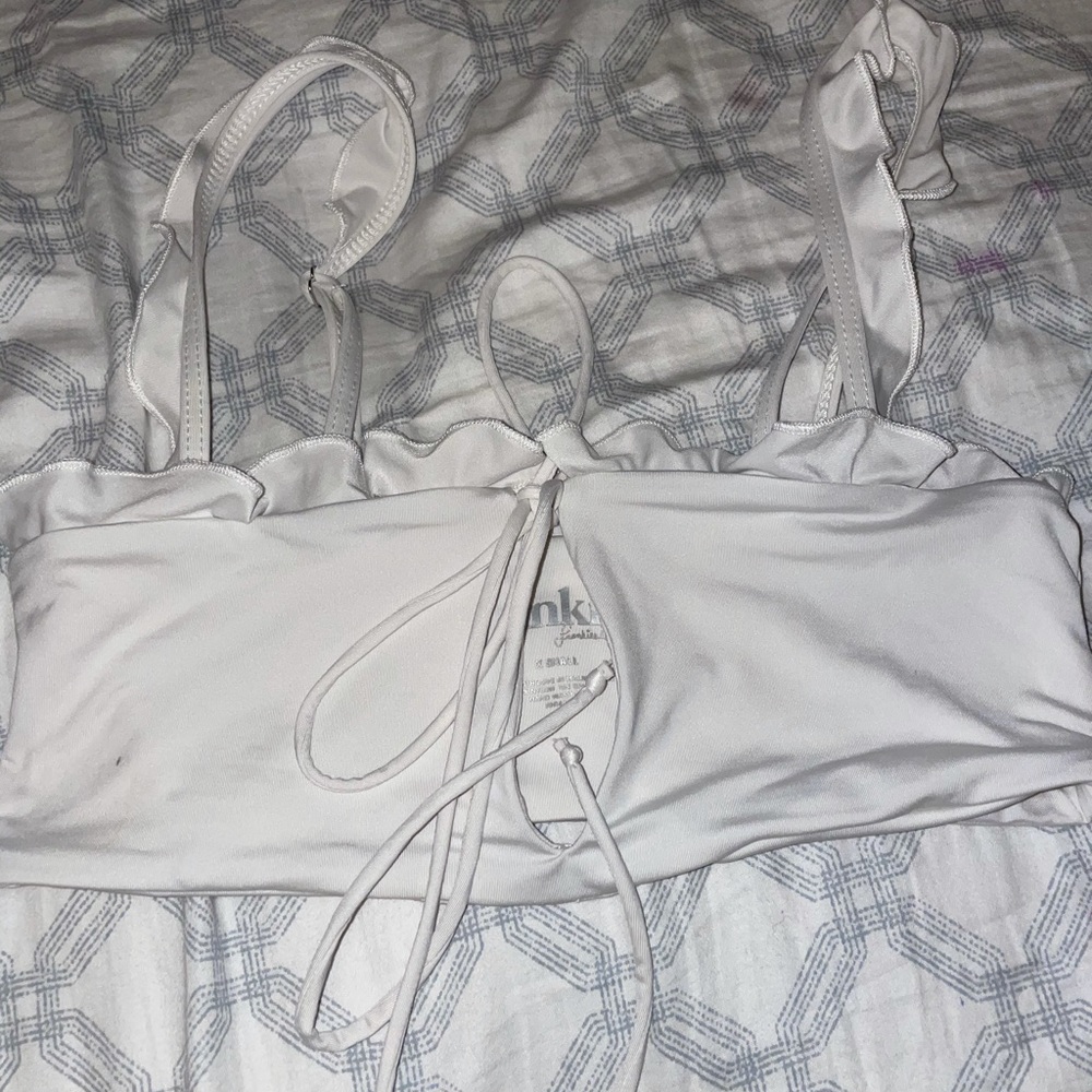 White Frankie’s bikinis ruffle top and bottom